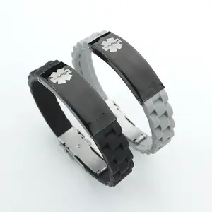 Manufacturers custom LOGO 14mm Silicone Rubber Medical Jewelry Stainless Steel Engrave Blanks Medical Alert Bracelet