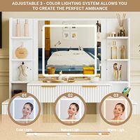 Coiffeuse moderne en bois avec 3 modes d'éclairage LED, étagères, 3 tiroirs, 2 armoires réglables et miroir sur pied pour dortoir, chambre et salon