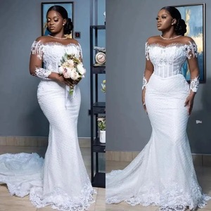 Mermaid Wedding Dress With Long Sleeves Pearls Tulle Lace Bridal Gown Sweep Train Vestido De Novia - Product Image 1