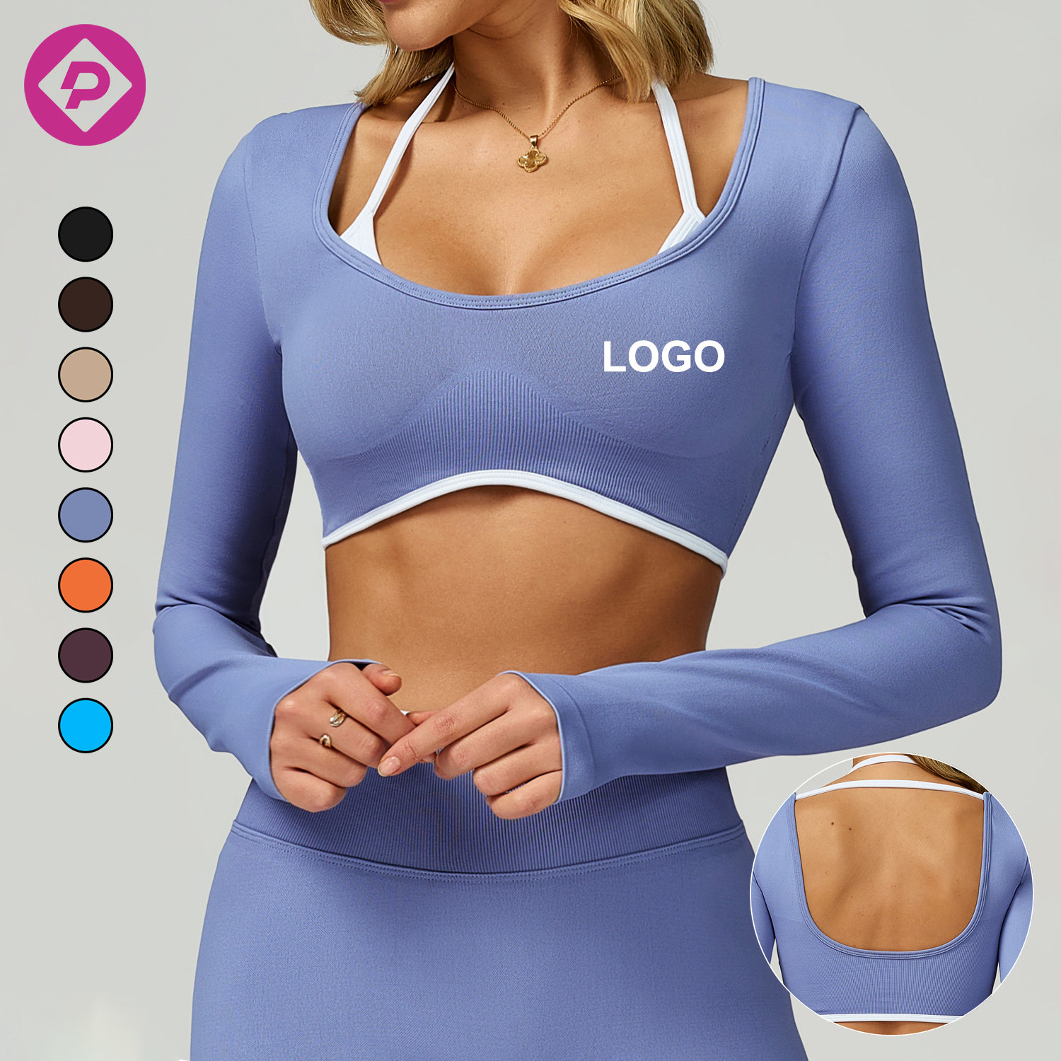 Seamless Ribbed Long Sleeves Cropped Slim-Fit Gym T-Shirts Women Running Fitness Backless Yoga Tops