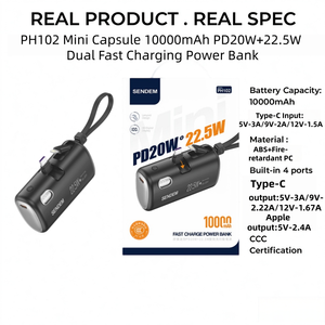 พาวเวอร์<span class=keywords><strong>แบ</strong></span>งค์แบบแคปซูล 10000mAh พร้อมสายคล้องคอ จอ LED แสดงผล รองรับการชาร์จเร็ว PD20W สำหรับ<span class=keywords><strong>โทรศัพท์</strong></span>มือถือ เหมาะสำหรับการเดินทาง รุ่น PH102 - Product Image 1