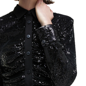 Custom Black Sequin Button-Up Dress <strong>for</strong> <strong>Women</strong> <strong>70s</strong> Disco Party Style Casual Beaded Sequins Covered Shirt Dress - Product Image 6