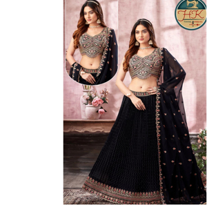 Lehenga Choli noir brodé de créateur avec dupatta pour mariage, fête, tenue festive et traditionnelle - Product Image 1