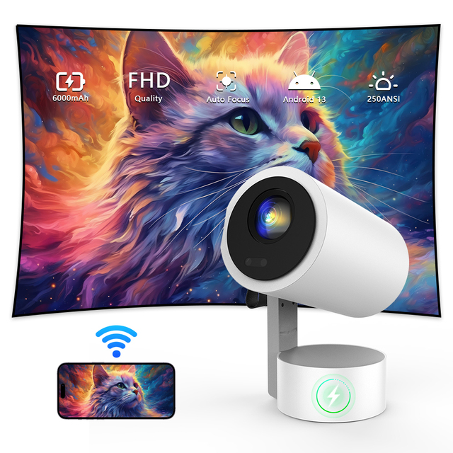 R3P Android 13.0 Mini Video Projector 1080P Full HD 6000mAh Rechargeable 4K Auto Focus WiFi 6 Home Projector Compatible Android