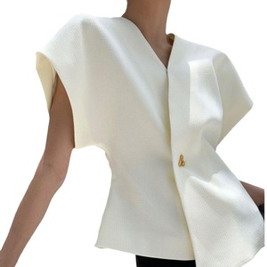 Chemisier décontracté pour femme à <span class=keywords><strong>col</strong></span> en <span class=keywords><strong>V</strong></span>, <span class=keywords><strong>blanc</strong></span>, à bouton unique, manches courtes, respirant, tissé uni, idéal printemps-automne - Product Image 6