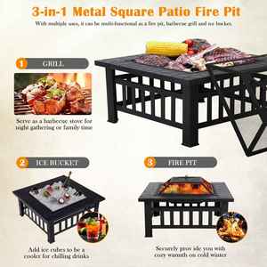 Fournitures de jardin - Brasero carré en acier 3 en 1 avec gril et barbecue, doté d'un dispositif de sécurité anti-flamme, pour les fêtes en plein air et les barbecues - Product Image 3