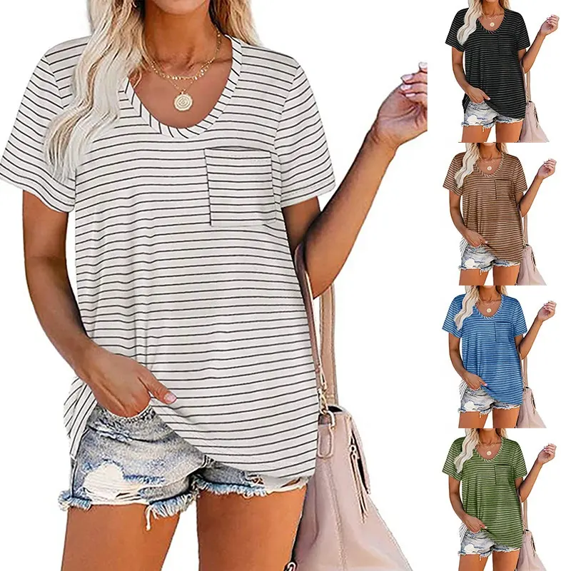 T-shirt women's casual loose striped pocket stitching short-sleeved top women's clothing