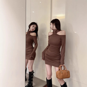 Women Coffee Long Sleeve Bodycon Dress Off Shoulder Tight Fit Mini Dress With Ruched Design For Autumn Winter Wear - Product Image 1