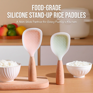 Cuillère à riz en silicone de qualité alimentaire avec manche en bois, spatule de service antiadhésive autoportante pour cuiseur à riz et préparation culinaire - Product Image 1