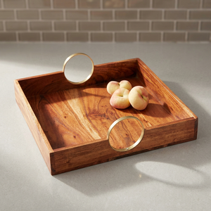 Plateau carré en bois d'acacia véritable, fait main, décoratif, écologique, recyclable, durable, compatible lave-vaisselle et micro-ondes, portable, pour la maison - Product Image 1