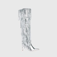 Bottes à franges en sequins argentés métalliques brillants pour femmes, à bout pointu, talon aiguille, avec pompons scintillants, hauteur genou, idéales pour club, concert, soirée