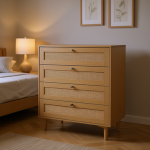 Cómoda Moderna de Ratán con 5 Cajones, Tiradores Metálicos y Patas de Madera, Mueble de Almacenamiento Natural para Dormitorio - Product Image 2