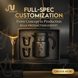 Coffret Cadeau d'Affaires Personnalisé & Thermos Noir avec 2 Tasses, Longue Conservation de la Chaleur, Levier à Bouton-Poussoir & Noir Mat & Or - Product Image 1