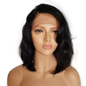 Wig bob manusia 360 renda penuh, wig rambut bob virgin bergelombang badan pendek 100