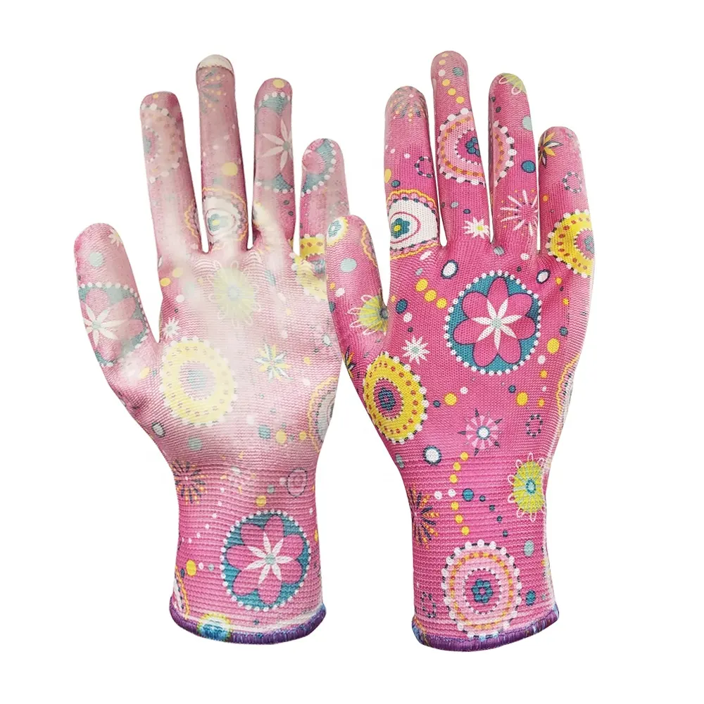 GN1004 patrón de moda floral estampado de flores forro de nailon sin costuras revestimiento de PU recubierto de nitrilo mujeres trabajo de jardín guantes de mano