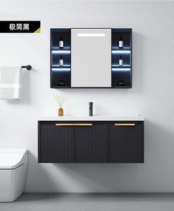 Ensemble <span class=keywords><strong>de</strong></span> <span class=keywords><strong>meuble</strong></span>-lavabo mural <span class=keywords><strong>de</strong></span> <span class=keywords><strong>salle</strong></span> <span class=keywords><strong>de</strong></span> <span class=keywords><strong>bain</strong></span> moderne <span class=keywords><strong>de</strong></span> luxe personnalisé en noir cannelé avec poignée dorée, armoire miroir et lavabo en céramique - Product Image 5