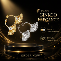 Boucles d'oreilles tendance en forme de feuille de Ginkgo, dorées et argentées, avec breloque feuille, créoles côtelées et cristaux carrés sertis, pour femme, style soirée