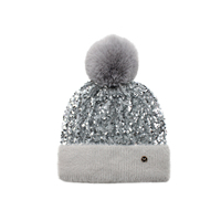 Bonnet d'hiver gris à sequins, bonnet en tricot duveteux avec logo métallique et pompon pour femmes, idéal pour les sorties nocturnes et les fêtes, OEM disponible