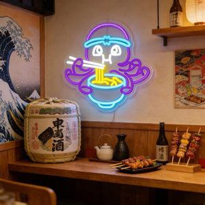 Enseigne néon LED Pieuvre mangeant des nouilles, alimentée par USB, à intensité variable, décoration murale et suspendue - Product Image 6