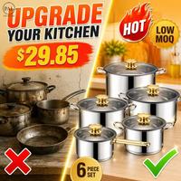 Ensemble de casseroles classiques en acier inoxydable 6 pièces avec couvercles en verre, poignées de 0,8 mm d'épaisseur, écologiques, faciles à nettoyer, casseroles à lait/soupe, poêle à frire