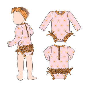 Costume da bagno intero a maniche lunghe con stampa estiva Little Glow Kid, con volant sul retro, per bambine, ideale per viaggi <span class=keywords><strong>in</strong></span> <span class=keywords><strong>spiaggia</strong></span> a Hawaii. - Product Image 3