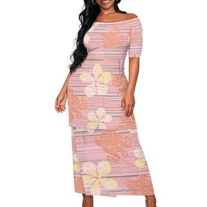 Robe deux pièces élégante île tribale polynésienne pour femmes personnalisé <span class=keywords><strong>tatouage</strong></span> rayé Plumeria imprimé Sexy conception hors épaule - Product Image 1