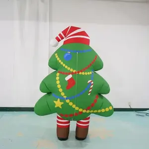 批发个性化步行充气圣诞树服装2m绿色可穿戴吹气圣诞树套装游行表演