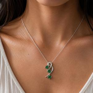 925 Sterling Silver Rhodium Plated <b>Emerald</b> Swirl <b>Pendant</b> with Diamonds - Product Image 2
