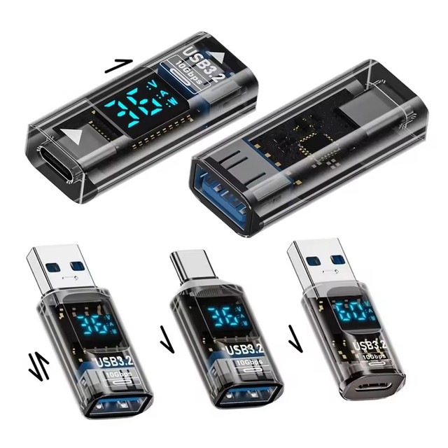 3A 36W QC Charging Adapter with Digital Display Voltage Current Power Meters USB3.2 10Gbps OTG USB A Male to C PD60W Fast Charge