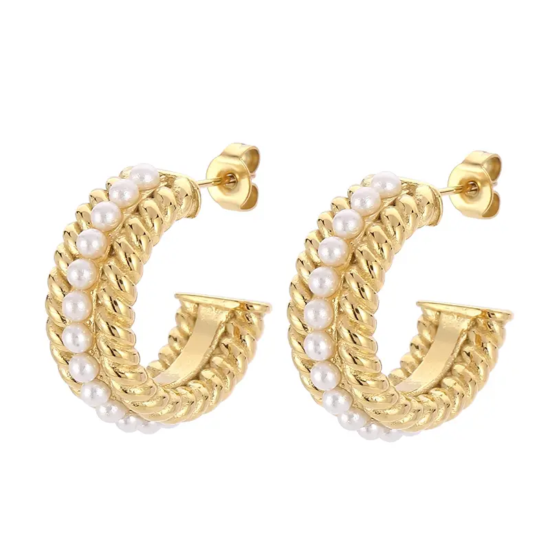 Kalen French Gentle C-shaped Earrings Inlaid Imitation Pearl Stainless Steel Earrings Jewelry