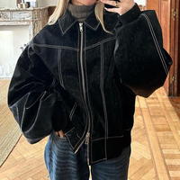 Blouson Bomber Moto Ample en Cuir PU Élégant pour Femme, Col Revers, Coutures Contrastées, Fermeture Éclair, Ourlet Côtelé – Collection Automne Hiver