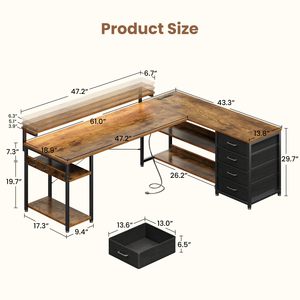Bureau d'ordinateur en forme de L, surface en bois, structure métallique avec tiroirs et étagères de rangement pour le bureau à domicile - Product Image 2