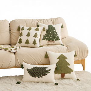 Housse de coussin décorative portable pour canapé, motif brodé vert vintage de plantes et sapins de Noël - Product Image 1