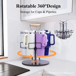 Iron and wood combination rotating cup holder Stanley water <b>bottle</b> <b>storage</b> <b>rack</b> hanging <b>rack</b> for water <b>bottles</b> and thermos cups - Product Image 3