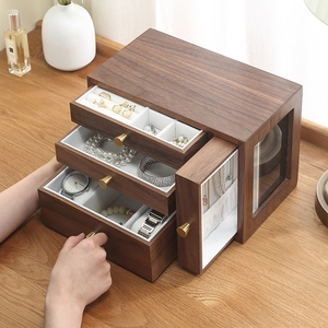 Boîte à bijoux de luxe légère en noyer à quatre tiroirs, vitrine à bijoux en verre, coffret à bijoux - Product Image 2