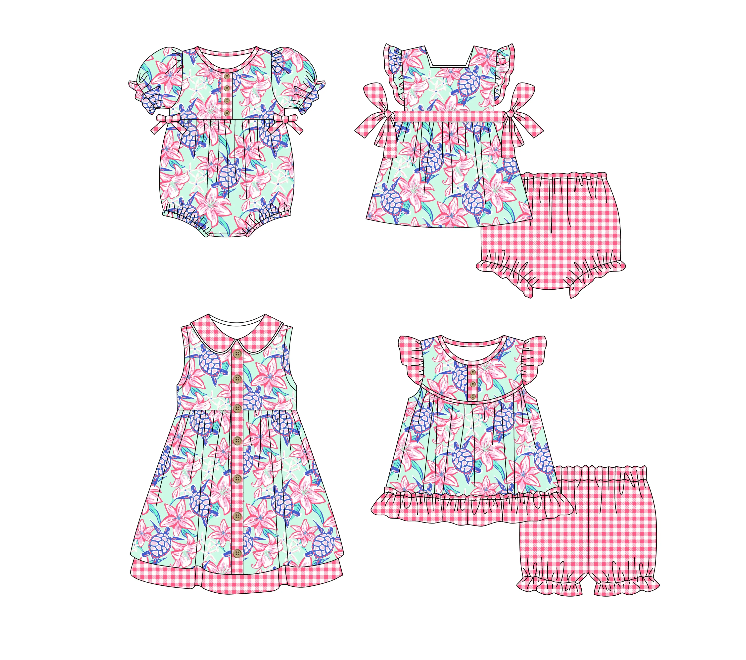 Großhandel Boutique Kleinkinder Mädchen Meeresschildkröte Outfits Baby Kinder Kurze Ärmel Sommerkleidung Kinder hochwertige rosa Sets