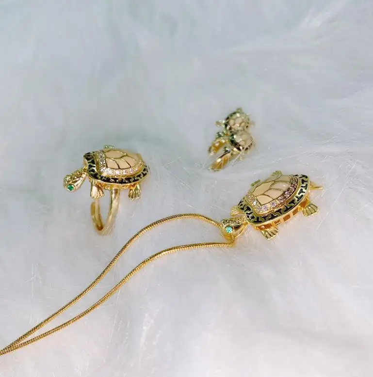 Anillo de tortuga de oro de 14K, collar, pendientes, conjuntos de joyas, joyería de verano para mujer, joyería fina, anillo ajustable abierto