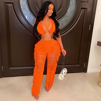 Ensemble de deux pièces pour femmes avec franges, pull orange, pantalon à glands, haut de bikini découpé, maillot de bain en crochet, robe de plage