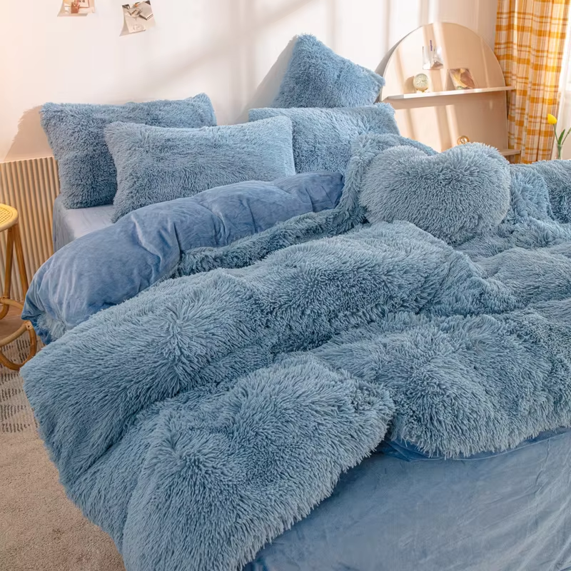 2024 Fine Era Luxury Crystal Velvet Plush Shaggy Fluffy Duvet Cover New Style Four-Piece Printed Bedsheet Bedding Set