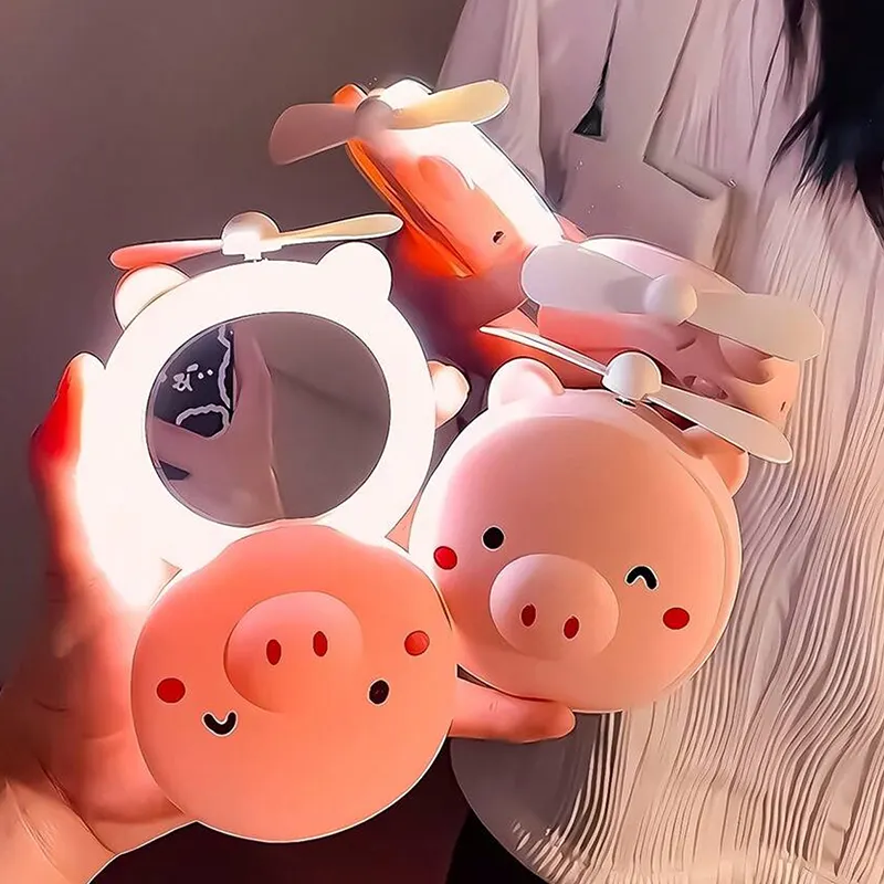 Portable Cute pig Pocket make-up mirror fill light Handheld USB Charging Rechargeable Cool Air Travel Cooler Cooling Mini Fans