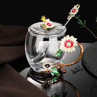 Lot de 2 tasses en verre à motif floral avec poignée en forme de branche, couvercle et cuillère, style émail vintage, pour café et thé, coffret cadeau, vente en gros