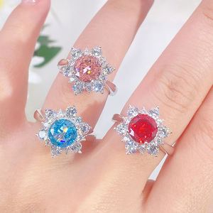 ชุดเครื่องประดับเงิน 925 แหวนดอกไม้เพทายสีแดงสร้อยคอผู้หญิงคลาสสิกเครื่องประดับงานแต่งงานเจ้าสาว - Product Image 4