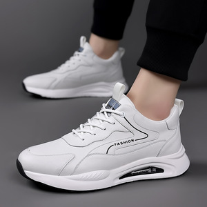 Baskets de mode pour hommes en cuir véritable, à bout rond, à lacets, respirantes, avec coussin d'air, pour la course en automne, blanches - Product Image 2