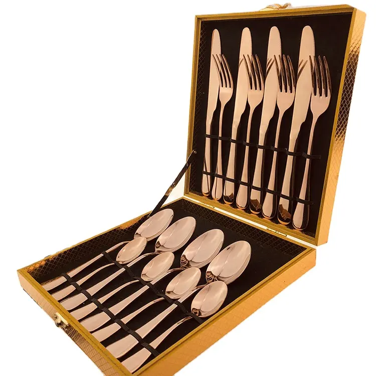 Royal titanium plating rose gold color flatware wholesale, 16pcs rose gold plated cutlery sets wholesale with wooden box