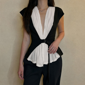 Women Color Block V Neck T-shirt Sleeveless Buckle Belted Slim Fit <b>Top</b> Elegant Office women <b>Asymmetrical</b> <b>Hem</b> <b>Top</b> - Product Image 5