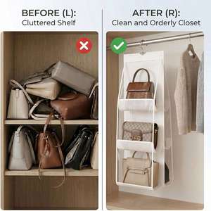 Handbag Hanging Organizer Foldable 6-<b>Pocket</b> Clear Windows Side Slots <b>Plastic</b> Home Closet Storage Shelves White - Product Image 4
