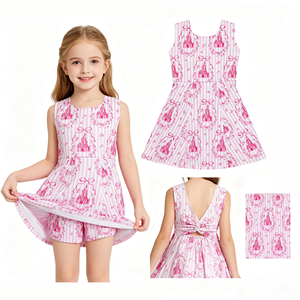 En stock: Conjunto casual de verano para bebés y niñas, con top sin mangas y falda pantalón, diseño de lazos y rayas rosas, ideal para yoga y actividades deportivas. - Product Image 6