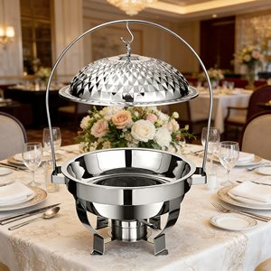 Plat à chafing de luxe en acier inoxydable argenté de 4,5 L avec dôme suspendu en diamant, nouveau design pour usage hôtelier, capacité ronde de 8 L - Product Image 1