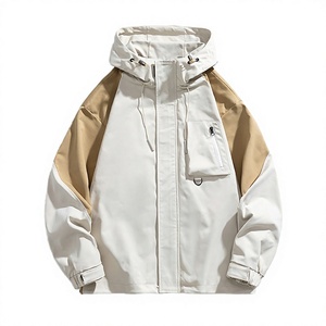 Chaqueta Varsity con Capucha para Hombre, Diseño Color Block, Impermeable, Resistente al Viento, Transpirable, Poliéster, Cierre de Cremallera, Bolsillos Frontales, Estilo Casual, Otoño - Product Image 1