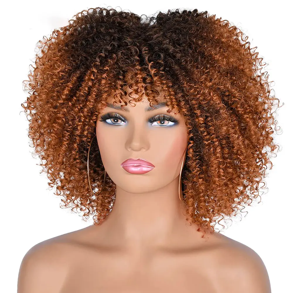 Cheap African Synthetic Ombre Glueless Cosplay Natural Brown Blonde Wig Short Afro Kinky Curly Wig With Bangs For Black Women